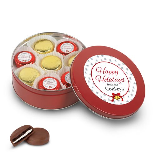 Personalized Happy Holidays Red Tin with 16 Chocolate Covered Oreo Cookies