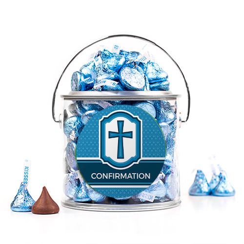 Personalized Confirmation Blue Hexagonal Pattern Engraved Cross Silver Paint Can with Sticker