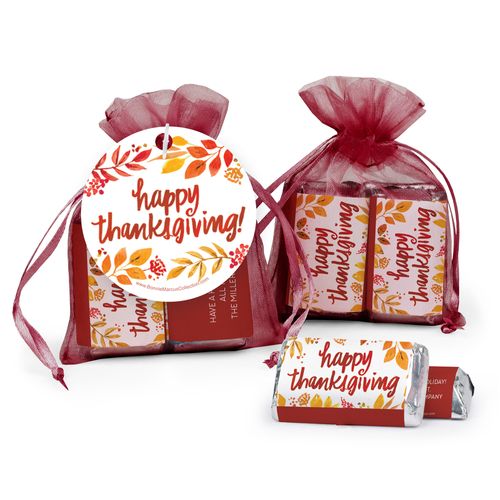 Personalized Thanksgiving Fall Foliage Hershey's Miniatures in Organza Bags with Gift Tag
