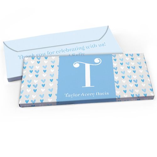 Deluxe Personalized Baby Boy Announcement Blue Hearts Chocolate Bar in Gift Box