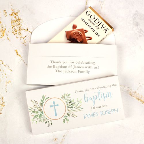 Deluxe Personalized Godiva Cross Circle Baptism Chocolate Bar in Gift Box