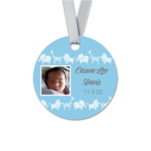 Personalized Round Baby Boy Bonnie Marcus Animal Parade Birth Announcement Favor Gift Tags (20 Pack)