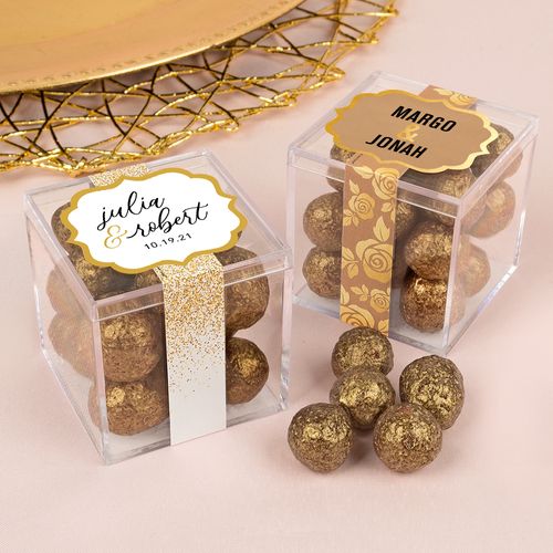 Personalized Wedding JUST CANDY® favor cube with Premium Sparkling Prosecco Cordials - Dark Chocolate