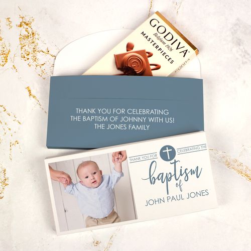 Deluxe Personalized Godiva Gray Cross Circle Baptism Chocolate Bar in Gift Box