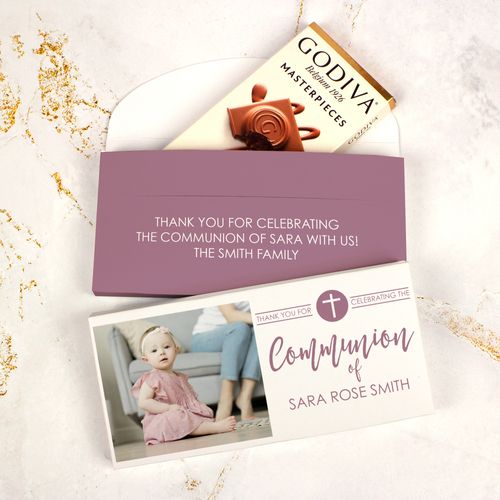 Deluxe Personalized Godiva Pink Cross Circle Communion Chocolate Bar in Gift Box