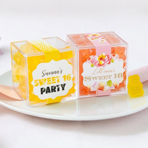 Personalized Sweet 16 Birthday JUST CANDY� favor cube with Gummy Bears