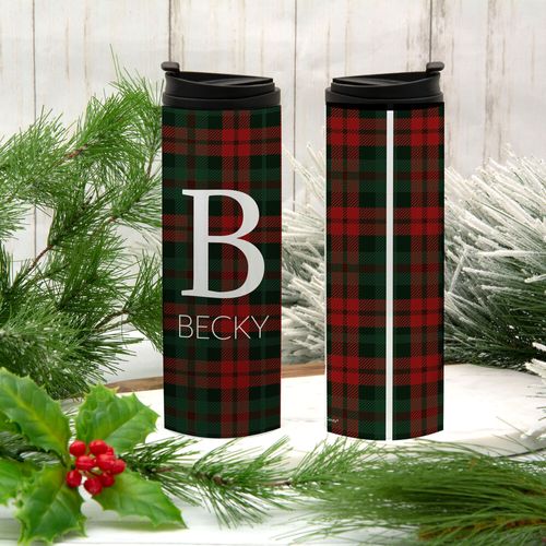 Personalized Stainless Steel Thermal Tumbler (16oz) - Red Plaid Monogram