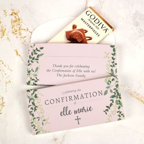 Deluxe Personalized Godiva Rose Pink Leaves Confirmation Chocolate Bar in Gift Box