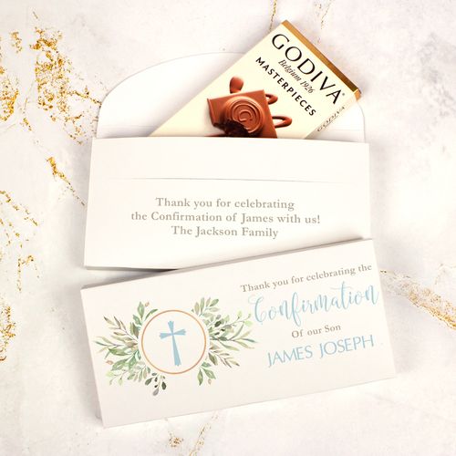 Deluxe Personalized Godiva Cross Circle Confirmation Chocolate Bar in Gift Box