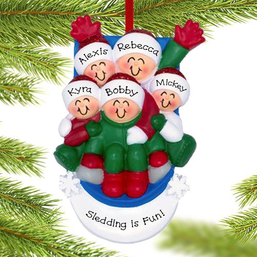 Family Of 5 Sledding Ornament