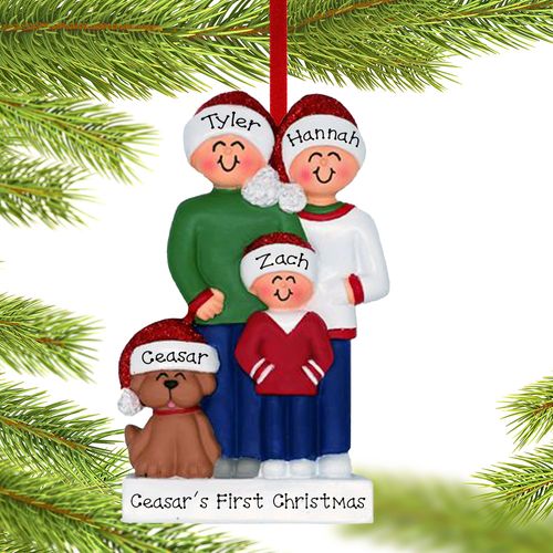 Family Of 3 With Brown Dog Ornament