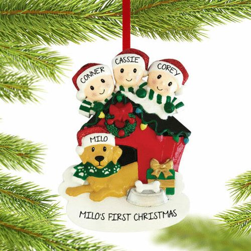 Family Of 3 With Dog In Doghouse Ornament