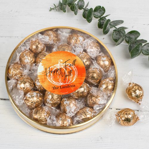 Personalized Halloween Happy Fall Large Plastic Tin with Lindt Truffles (20pcs)