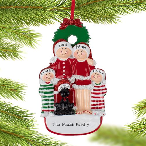 Christmas Eve Family Of 4 With Black Dog Ornament