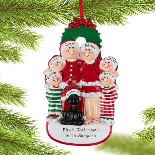 Christmas Eve Family Of 6 With Black Dog Ornament