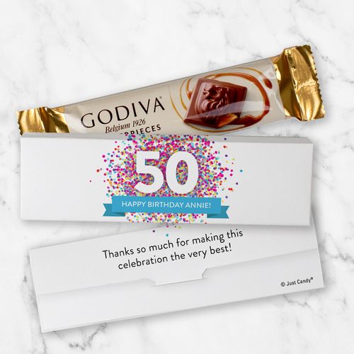 Personalized Milestone Birthday Confetti Burst Mini Masterpiece Godiva Chocolate Bar in Gift Box
