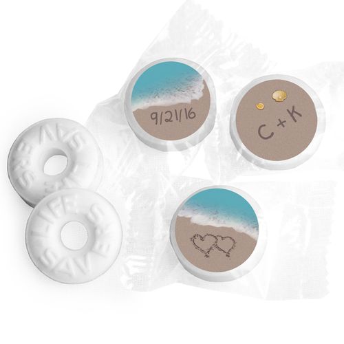 Wedding Favor Personalized Life Savers Mints Names and Hearts in Sand Sea Shore