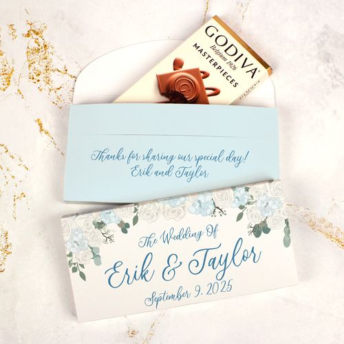 Deluxe Personalized Wedding Blue Bouquet Godiva Chocolate Bar in Gift Box