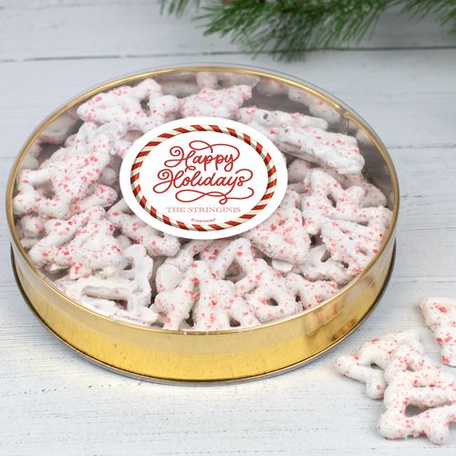 Personalized Happy Holiday Swirls Large Plastic Tin with Peppermint Yogurt Tree Pretzels (40pcs)