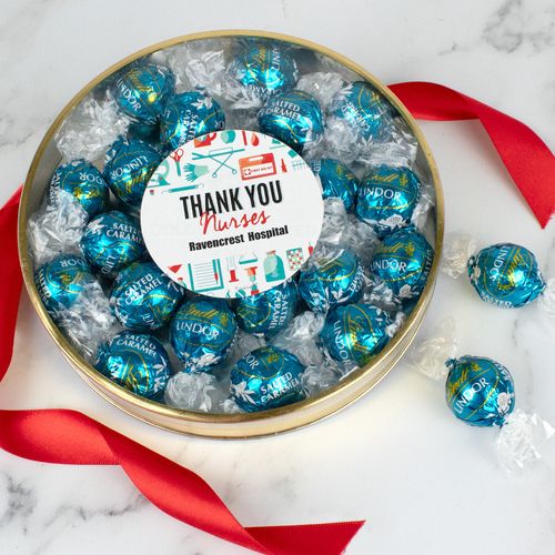 Personalized Thank You Nurses Gifts Large Plastic Tin with Lindt Truffles (20pcs) - Blue