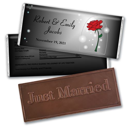Wedding Favor Personalized Embossed Just Married Chocolate Bar Beauty and Beast Rose