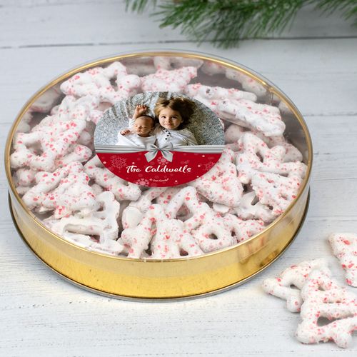 Personalized Welcoming Joy Large Plastic Tin with Peppermint Yogurt Tree Pretzels (40pcs)