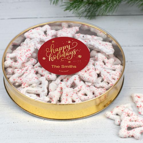 Personalized Happy Holidays Large Plastic Tin with Peppermint Yogurt Tree Pretzels (40pcs)