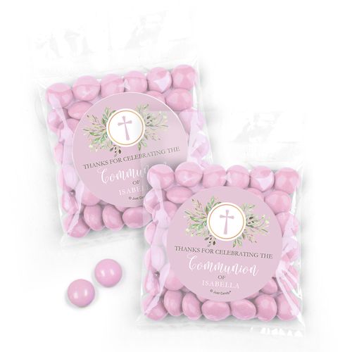 Personalized Communion Cross Greenery Candy Bags with Just Candy Milk Chocolate Minis - Pink