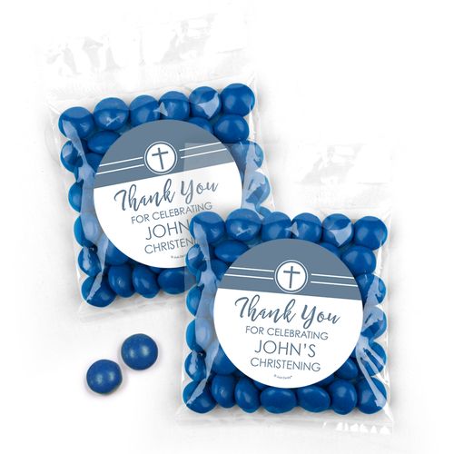 Personalized Christening Blue Cross Candy Bags with Just Candy Milk Chocolate Minis