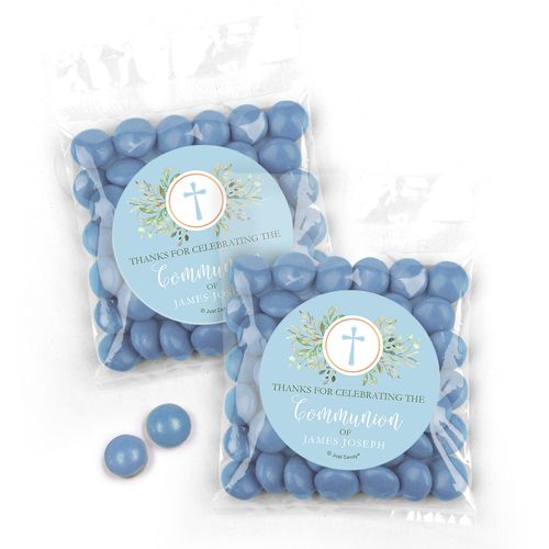 Personalized Communion Cross Greenery Candy Bags with Just Candy Milk Chocolate Minis - Blue