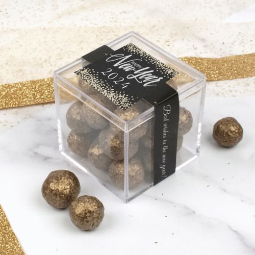 Personalized New Year's Eve JUST CANDY® favor cube with Premium Sparkling Prosecco Cordials - Dark Chocolate
