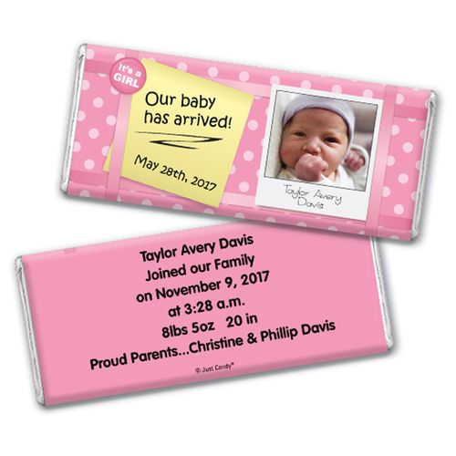 Baby Girl Announcement Personalized Chocolate Bar She's Arrived Polka Dots Photo