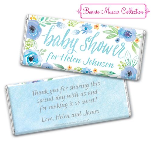 Personalized Bonnie Marcus Baby Shower Blue Watercolor Wreath Chocolate Bar & Wrapper
