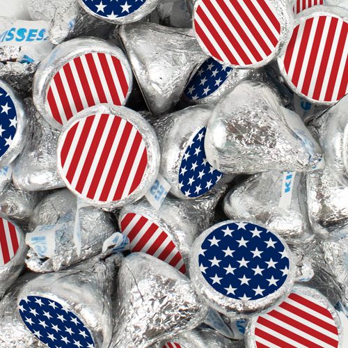 Patriotic Silver Hershey's Kisses with Stars & Stripes Stickers Candy 100ct