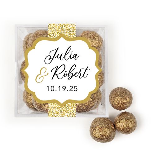 Personalized Wedding Glittery Gold JUST CANDY® favor cube with Prosecco Cordials