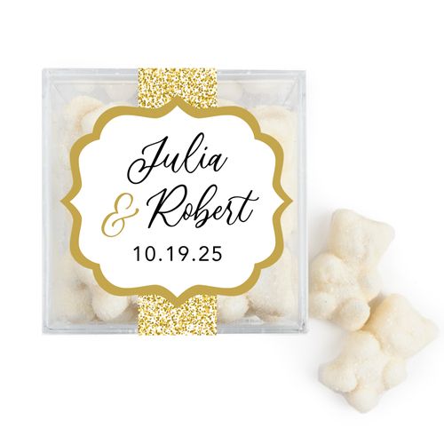 Personalized Wedding Glitter in Gold JUST CANDY® favor cube with Sugar Sanded Gummy Bears