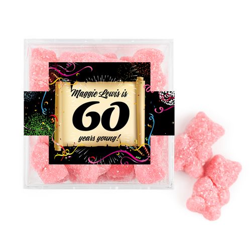 Personalized Milestones 60th Birthday Confetti Scroll JUST CANDY® favor cube with Sugar Sanded Gummy Bears