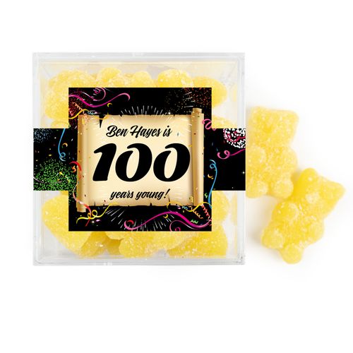 Personalized Milestones 100th Birthday Confetti Scroll JUST CANDY® favor cube with Sugar Sanded Gummy Bears