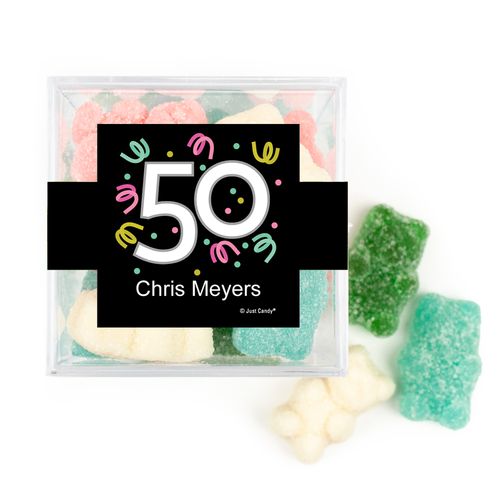 Personalized Milestones 50th Birthday Confetti JUST CANDY® favor cube with Sugar Sanded Gummy Bears