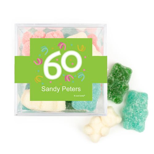 Personalized Milestones 60th Birthday Confetti JUST CANDY® favor cube with Sugar Sanded Gummy Bears