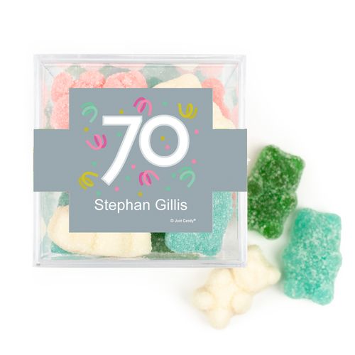 Personalized Milestones 70th Birthday Confetti JUST CANDY® favor cube with Sugar Sanded Gummy Bears