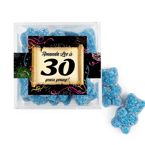 Personalized Milestones 30th Birthday Confetti Scroll JUST CANDY® favor cube with Sugar Sanded Gummy Bears