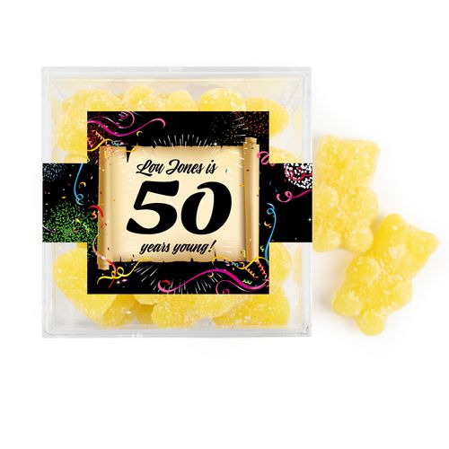 Personalized Milestones 50th Birthday Confetti Scroll JUST CANDY® favor cube with Sugar Sanded Gummy Bears