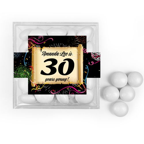 Personalized Milestone 30th Birthday Confretti Scroll JUST CANDY® favor cube with Just Candy Milk Chocolate Minis