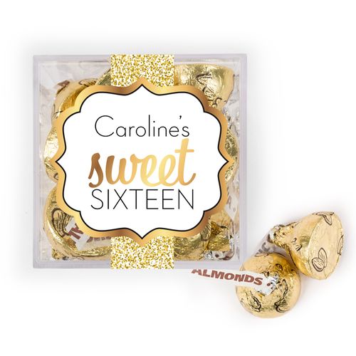 Personalized Sweet 16 Birthday Shower of Gold JUST CANDY® favor cube with Hershey's Kisses