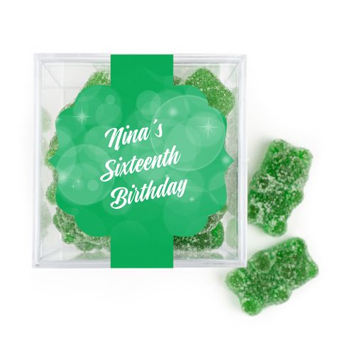 Personalized Sweet 16 Birthday Bubbles & Dots JUST CANDY® favor cube with Sugar Sanded Gummy Bears