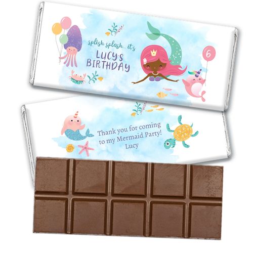 Personalized Kids Birthday Watercolor Mermaid Belgian Chocolate Bar